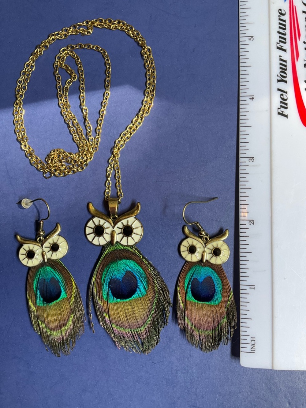 Peacock feather owl jewelry set - Picture 3 of 5